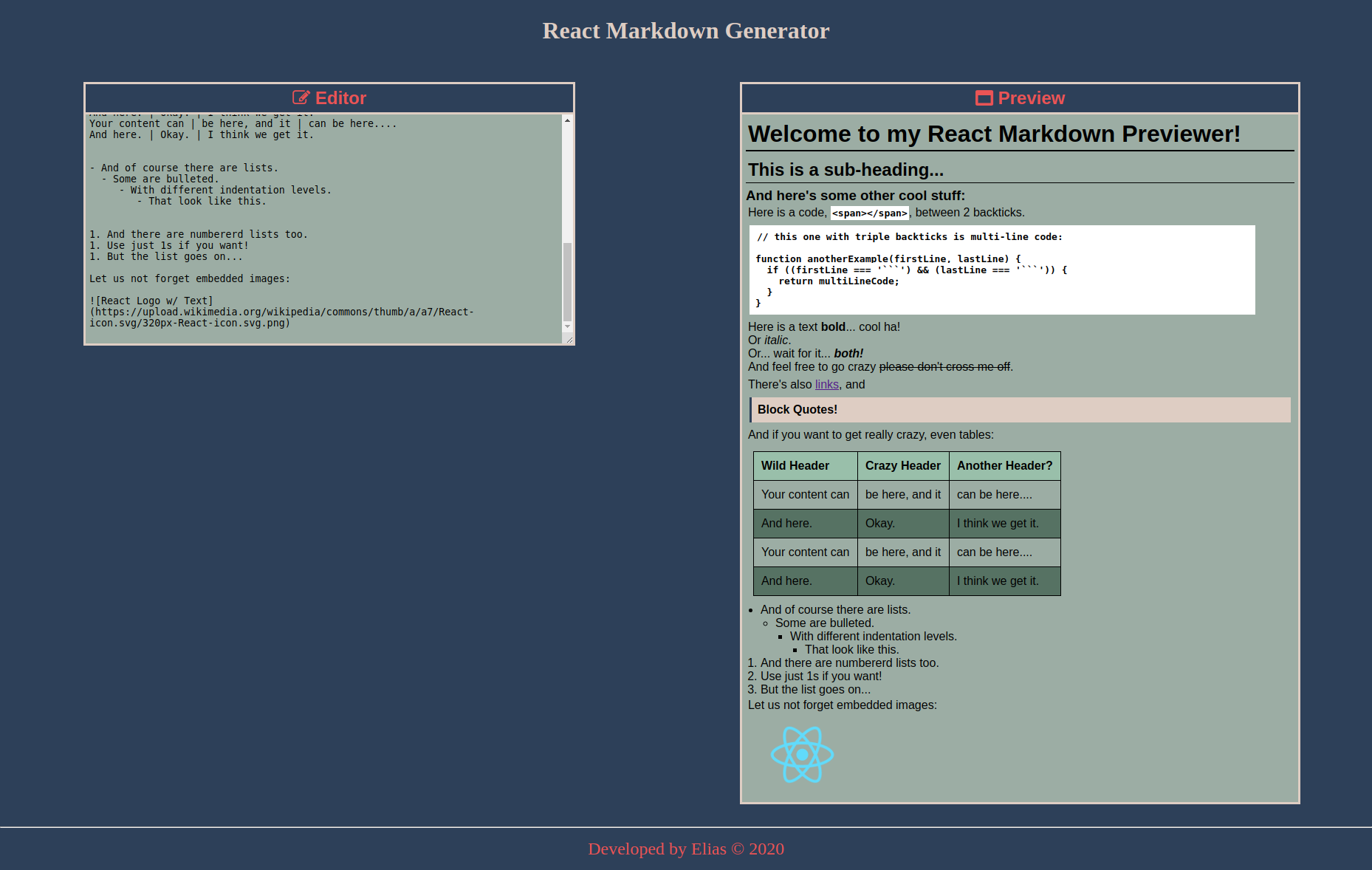 Markdown Generator Calculator project site screen shot